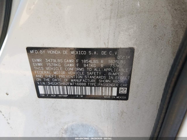 2015 Honda Fit Ex/ex-l მანქანა იყიდება აუქციონზე, vin: 3HGGK5H82FM716888, აუქციონის ნომერი: 45476962