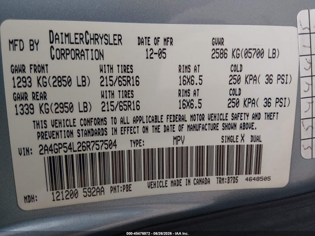 Продажа на аукционе авто 2006 Chrysler Town & Country Touring, vin: 2A4GP54L26R757504, номер лота: 45476972