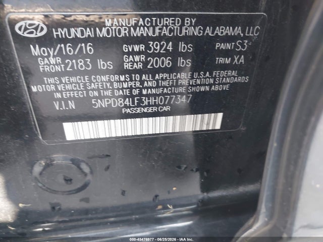 5NPD84LF3HH077347 Hyundai ELANTRA SE