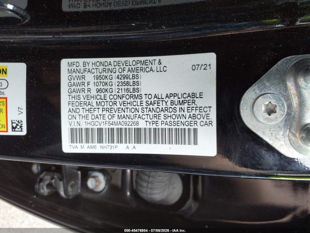 Продаж на аукціоні авто 2021 Honda Accord Ex-l, vin: 1HGCV1F54MA092268, номер лоту: 45476984