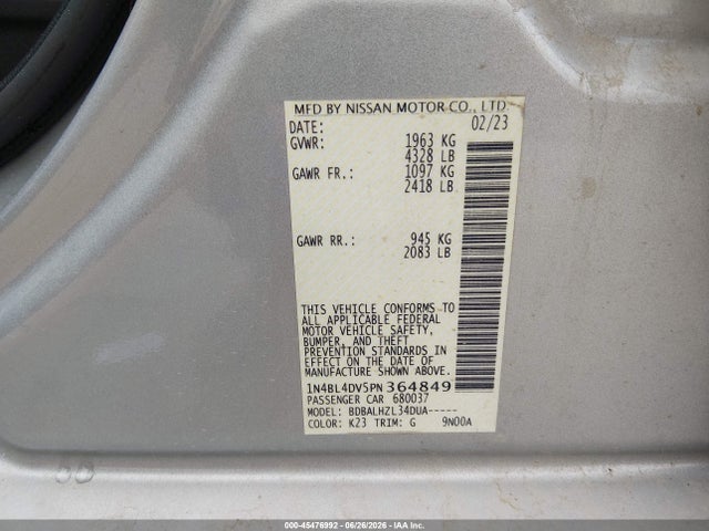 1N4BL4DV5PN364849 Nissan Altima Sv Fwd