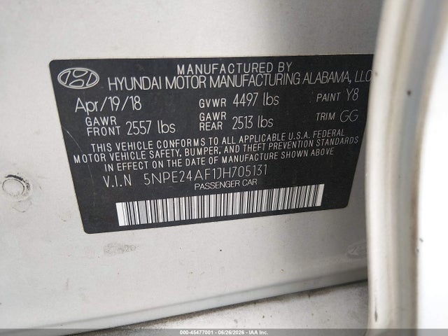 Aukcja sprzedaży 2018 Hyundai Sonata Se, vin: 5NPE24AF1JH705131, numer aukcji: 45477001