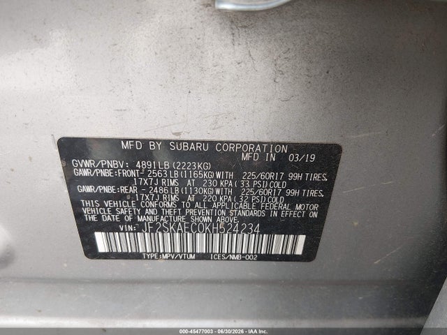 2019 Subaru Forester Premium მანქანა იყიდება აუქციონზე, vin: JF2SKAEC0KH524234, აუქციონის ნომერი: 45477003