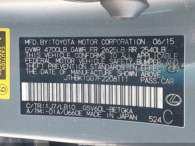 45477015 :رقم المزاد ، JTHBK1GG7F2208111 vin ، 2015 Lexus Es 350 مزاد بيع