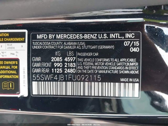 Продажа на аукционе авто 2015 Mercedes-benz C 300, vin: 55SWF4JB1FU092115, номер лота: 45477022