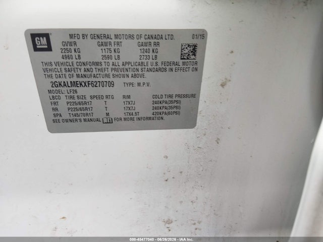 Aukcja sprzedaży 2015 Gmc Terrain Sle-1, vin: 2GKALMEKXF6270709, numer aukcji: 45477040