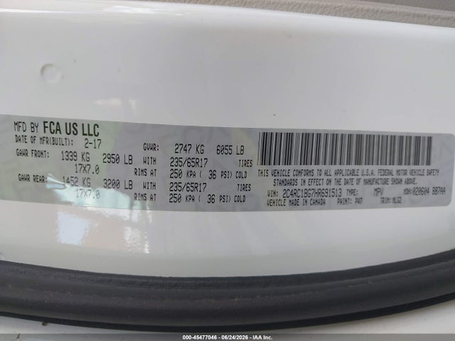 45477046 :رقم المزاد ، 2C4RC1BG7HR691513 vin ، 2017 Chrysler Pacifica Touring-l مزاد بيع