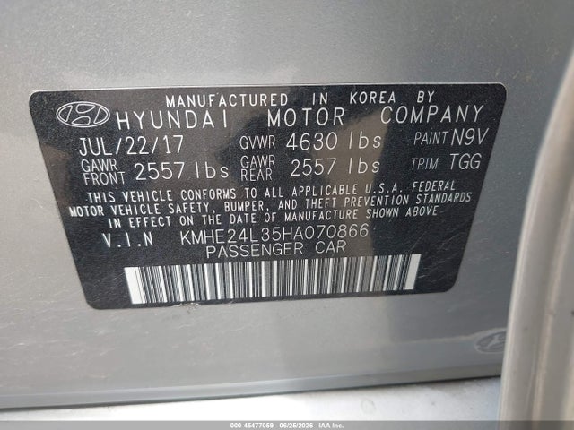 Aukcja sprzedaży 2017 Hyundai Sonata Hybrid Se, vin: KMHE24L35HA070866, numer aukcji: 45477059