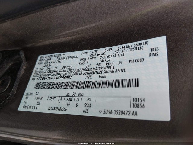 Auction sale of the 2018 Ford F-150 Xlt, vin: 1FTEW1EP5JKF56987, lot number: 45477122