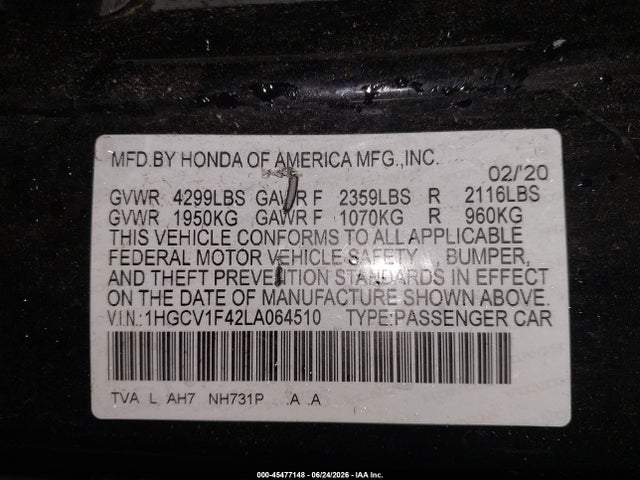 Honda ACCORD EX 2020 1HGCV1F42LA064510 Image 9