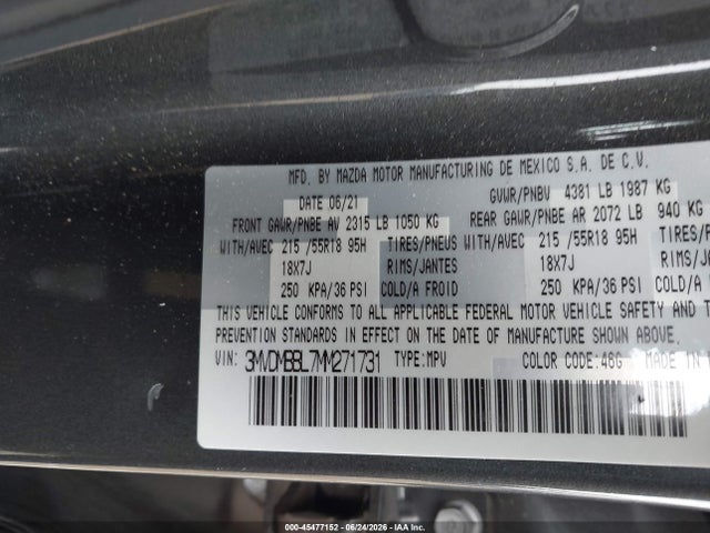 45477152 :رقم المزاد ، 3MVDMBBL7MM271731 vin ، 2021 Mazda Cx-30 Select مزاد بيع