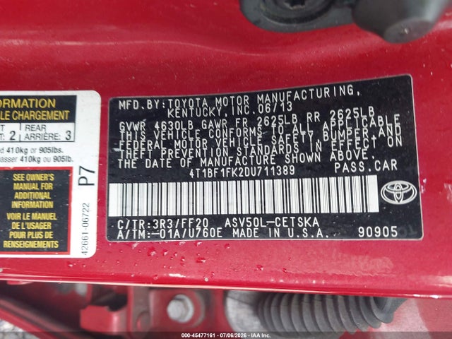 Aukcja sprzedaży 2013 Toyota Camry Se, vin: 4T1BF1FK2DU711389, numer aukcji: 45477161