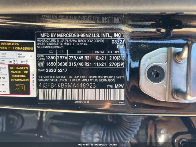 Aukcja sprzedaży 2021 Mercedes-benz Gle 350 4matic, vin: 4JGFB4KB9MA448923, numer aukcji: 45477186