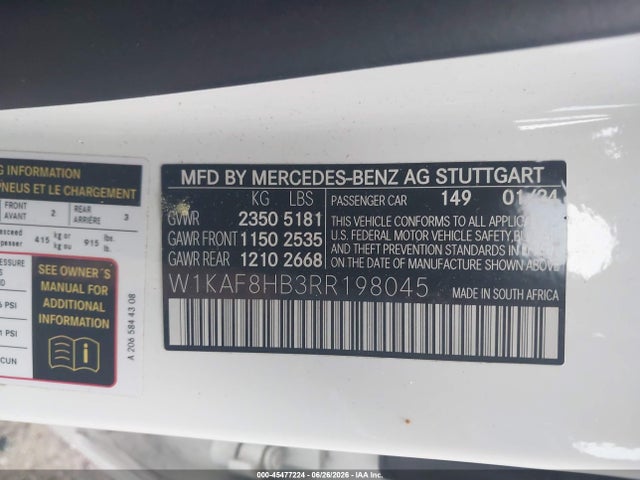 Продажа на аукционе авто 2024 Mercedes-benz Amg C 43 4matic, vin: W1KAF8HB3RR198045, номер лота: 45477224