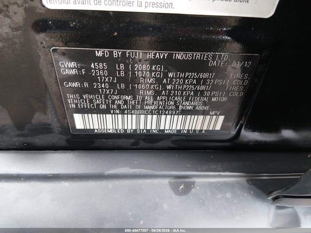 45477257 :رقم المزاد ، 4S4BRBCC1C1248977 vin ، 2012 Subaru Outback 2.5i Premium مزاد بيع