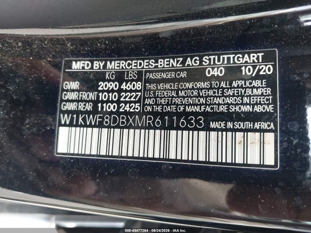 2021 Mercedes-benz C 300 Sedan მანქანა იყიდება აუქციონზე, vin: W1KWF8DBXMR611633, აუქციონის ნომერი: 45477264