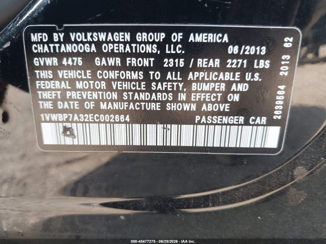 2014 Volkswagen Passat 2.5l Se მანქანა იყიდება აუქციონზე, vin: 1VWBP7A32EC002664, აუქციონის ნომერი: 45477275
