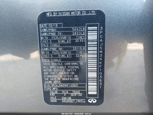 Aukcja sprzedaży 2019 Infiniti Qx50 Essential, vin: 3PCAJ5M39KF103831, numer aukcji: 45477281