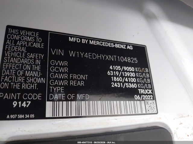 Продажа на аукционе авто 2022 Mercedes-benz Sprinter 2500 High Roof V6, vin: W1Y4EDHYXNT104825, номер лота: 45477315