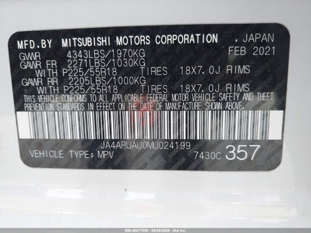 Продажа на аукционе авто 2021 Mitsubishi Outlander Sport 2.0 Be 2wd/2.0 Es 2wd/2.0 Le 2wd/2.0 S 2wd, vin: JA4APUAU0MU024199, номер лота: 45477355