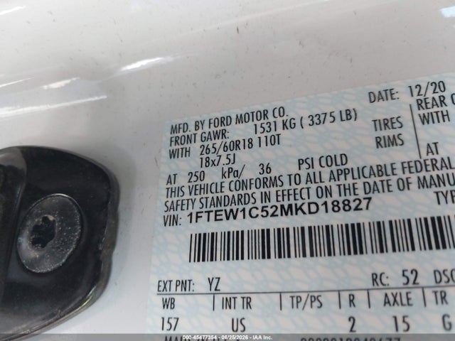 45477354 :رقم المزاد ، 1FTEW1C52MKD18827 vin ، 2021 Ford F-150 King Ranch/lariat/platinum/xl/xlt مزاد بيع