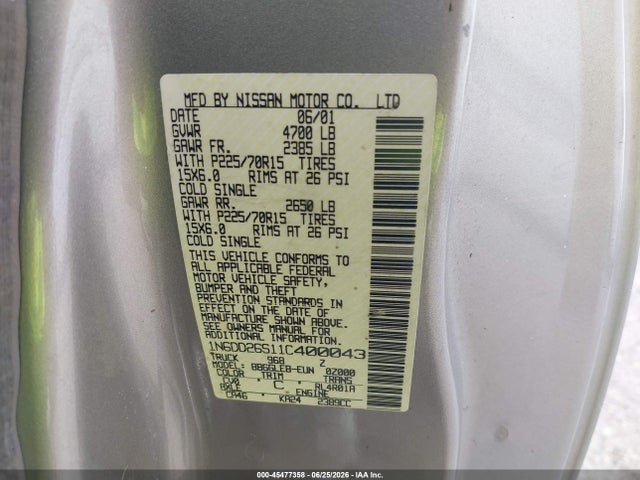Aukcja sprzedaży 2001 Nissan Frontier Xe, vin: 1N6DD26S11C400043, numer aukcji: 45477358