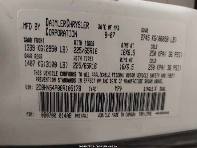 Aukcja sprzedaży 2008 Dodge Grand Caravan Sxt, vin: 2D8HN54P08R105178, numer aukcji: 45477374