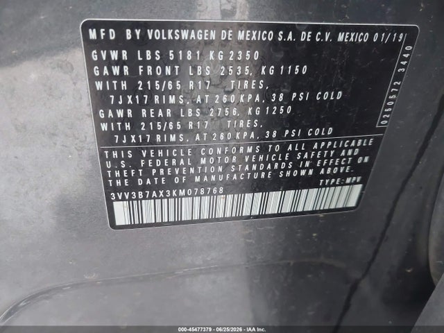Продаж на аукціоні авто 2019 Volkswagen Tiguan 2.0t Se/2.0t Sel/2.0t Sel R-line/2.0t Sel R-line Black, vin: 3VV3B7AX3KM078768, номер лоту: 45477379