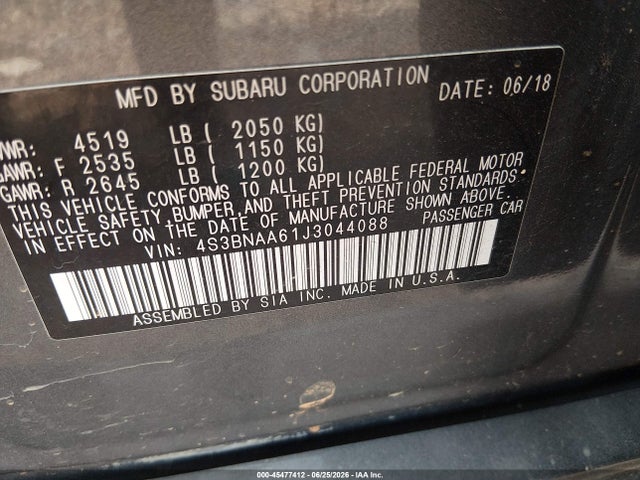 Aukcja sprzedaży 2018 Subaru Legacy 2.5i, vin: 4S3BNAA61J3044088, numer aukcji: 45477412