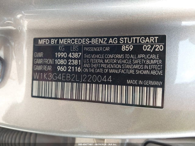 45477461 :رقم المزاد ، W1K3G4EB2LJ220044 vin ، 2020 Mercedes-benz A 220 مزاد بيع