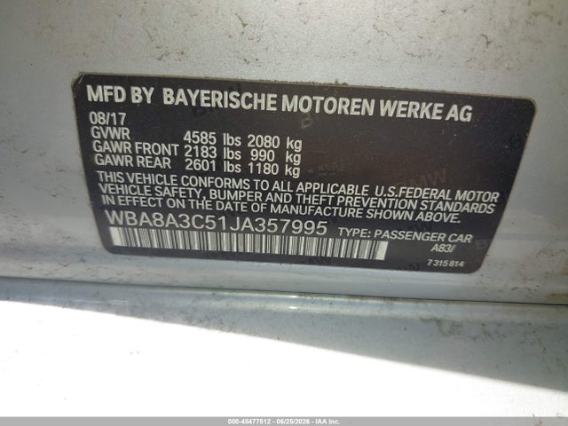 45477512 :رقم المزاد ، WBA8A3C51JA357995 vin ، 2018 Bmw 320i Xdrive مزاد بيع