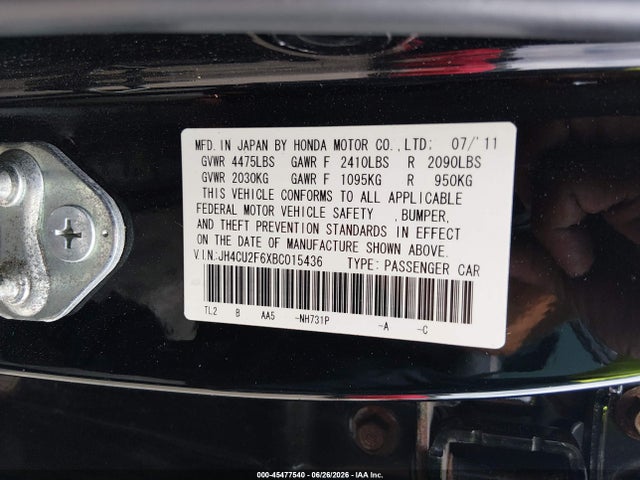 45477540 :رقم المزاد ، JH4CU2F6XBC015436 vin ، 2011 Acura Tsx 2.4 مزاد بيع
