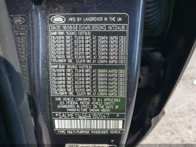Продаж на аукціоні авто 2005 Land Rover Range Rover Hse, vin: SALME11455A180547, номер лоту: 45477553