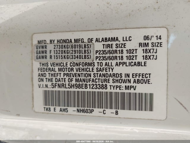 5FNRL5H98EB123388 Honda Odyssey Touring/touring Elite