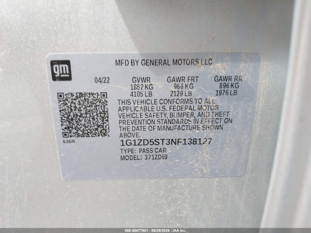 45477581 :رقم المزاد ، 1G1ZD5ST3NF138127 vin ، 2022 Chevrolet Malibu Fwd Lt مزاد بيع