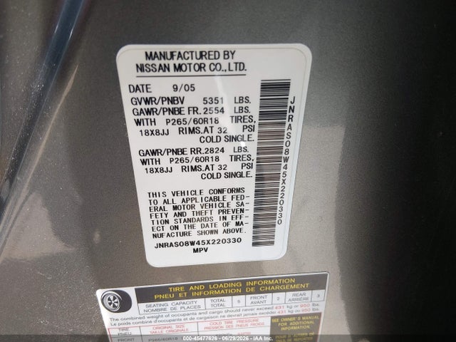 Продажа на аукционе авто 2005 Infiniti Fx35, vin: JNRAS08W45X220330, номер лота: 45477626