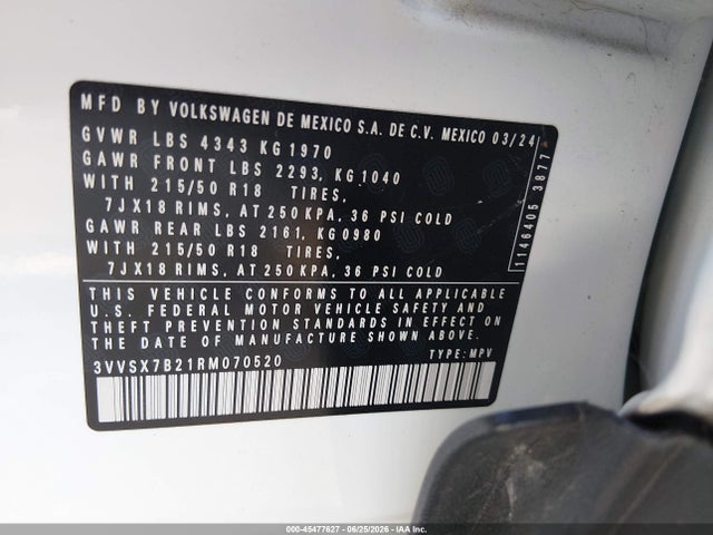 Продажа на аукционе авто 2024 Volkswagen Taos 1.5t Se, vin: 3VVSX7B21RM070520, номер лота: 45477627