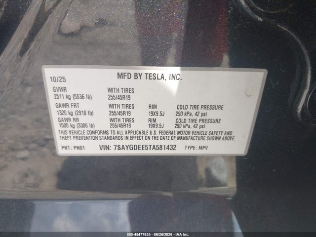 Aukcja sprzedaży 2026 Tesla Model Y All-wheel Drive/long Range Launch Series/premium All-wheel Drive, vin: 7SAYGDEE5TA581432, numer aukcji: 45477634