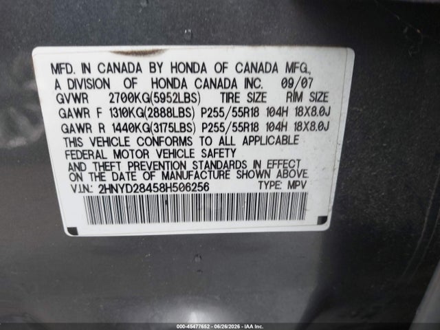 Aukcja sprzedaży 2008 Acura Mdx Technology Package, vin: 2HNYD28458H506256, numer aukcji: 45477652