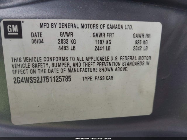 Aukcja sprzedaży 2005 Buick Century, vin: 2G4WS52J751125785, numer aukcji: 45477674