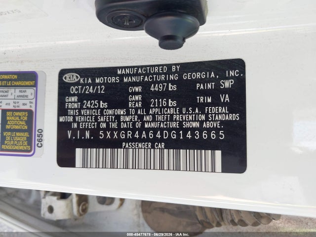 Aukcja sprzedaży 2013 Kia Optima Sx, vin: 5XXGR4A64DG143665, numer aukcji: 45477678