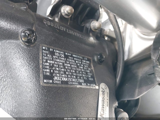45477698 :رقم المزاد ، JKBZXNA197A017980 vin ، 2007 Kawasaki Zx1400 A مزاد بيع