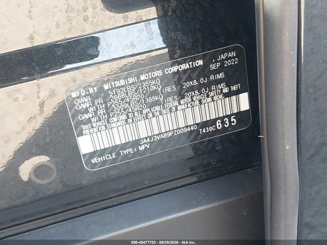 45477703 :رقم المزاد ، JA4J3VA89PZ009440 vin ، 2023 Mitsubishi Outlander Sel 2.5 2wd/sel Black Edition 2wd مزاد بيع