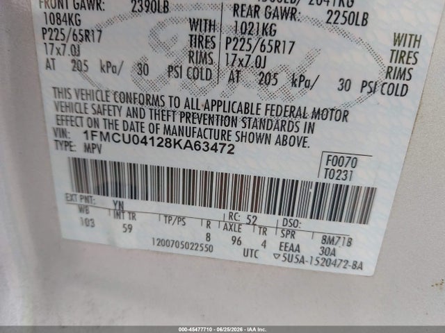 Auction sale of the 2008 Ford Escape Limited, vin: 1FMCU04128KA63472, lot number: 45477710
