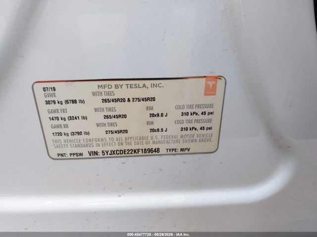Aukcja sprzedaży 2019 Tesla Model X 100d/75d/long Range/standard Range, vin: 5YJXCDE22KF189648, numer aukcji: 45477728