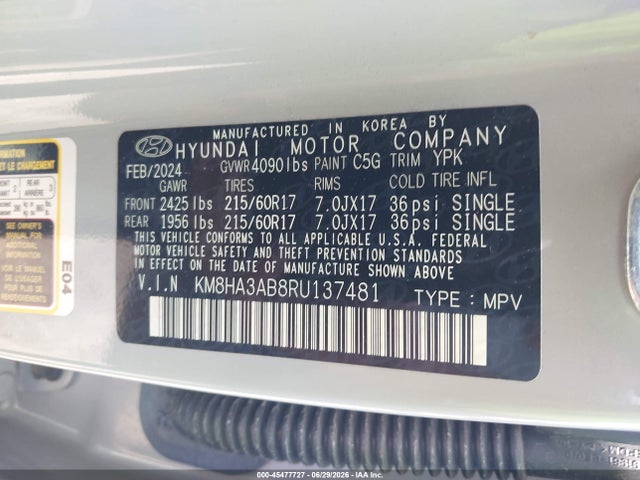 45477727 :رقم المزاد ، KM8HA3AB8RU137481 vin ، 2024 Hyundai Kona Se مزاد بيع