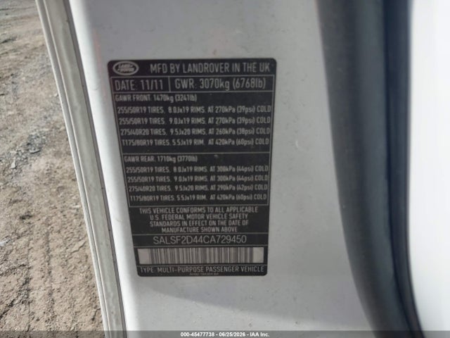Aukcja sprzedaży 2012 Land Rover Range Rover Sport Hse, vin: SALSF2D44CA729450, numer aukcji: 45477738