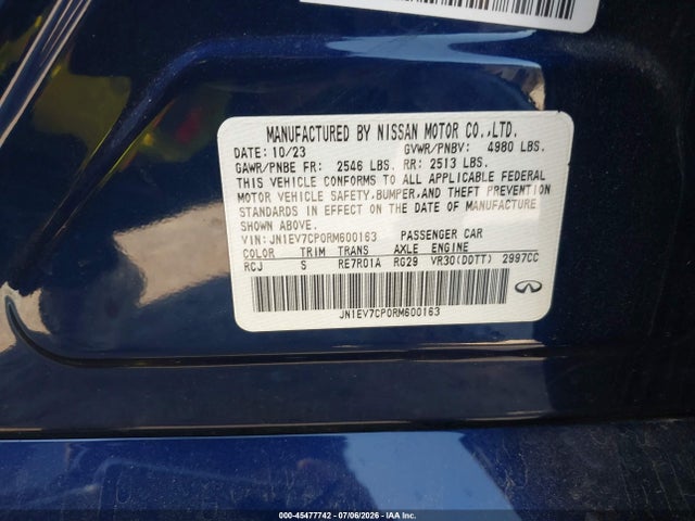 45477742 :رقم المزاد ، JN1EV7CP0RM600163 vin ، 2024 Infiniti Q50 Sensory مزاد بيع