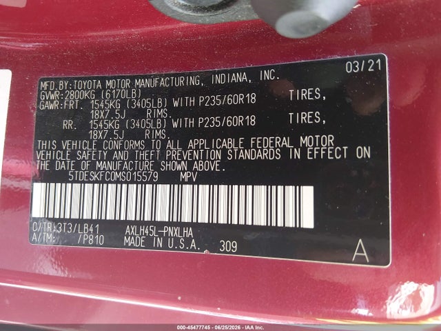 2021 Toyota Sienna Platinum მანქანა იყიდება აუქციონზე, vin: 5TDESKFC0MS015579, აუქციონის ნომერი: 45477745