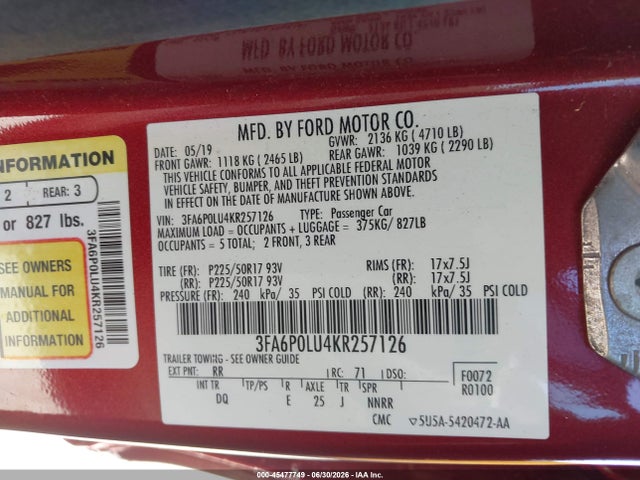 3FA6P0LU4KR257126 Ford Fusion Hybrid Se